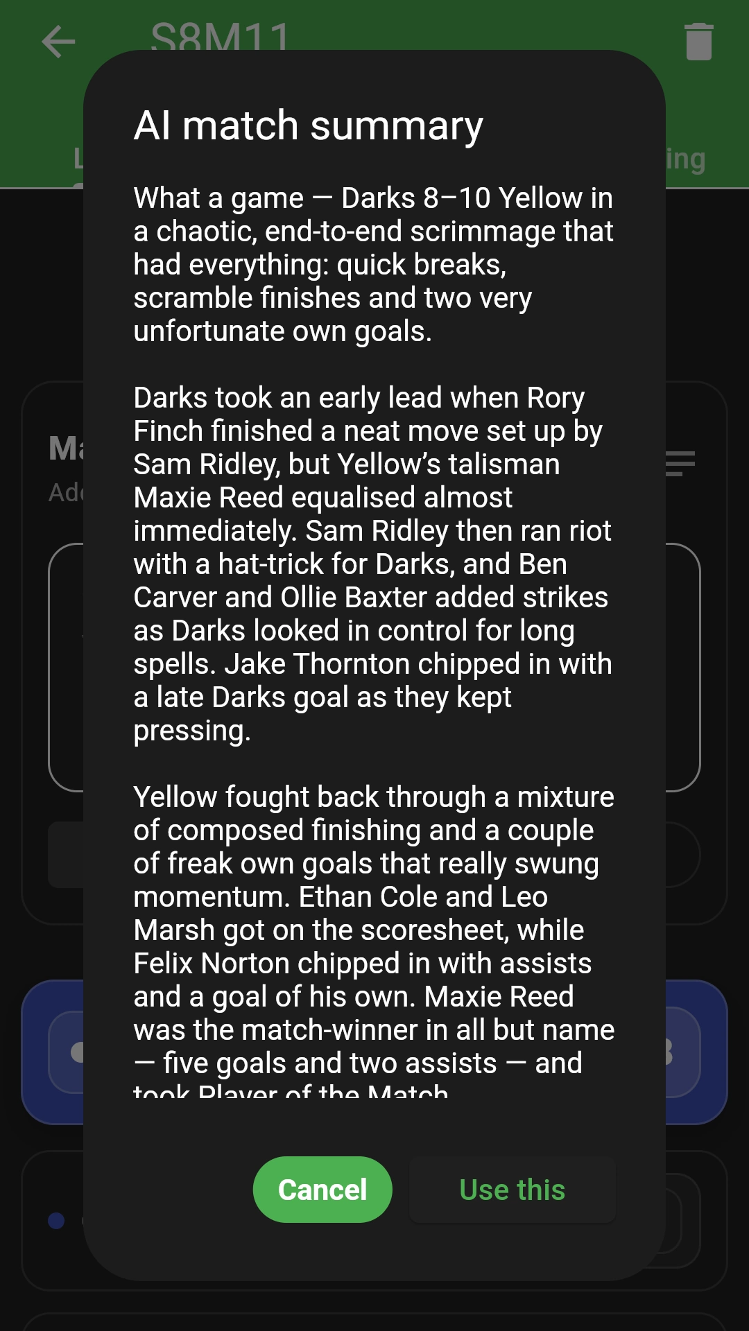AI-generated match reports summarising each game