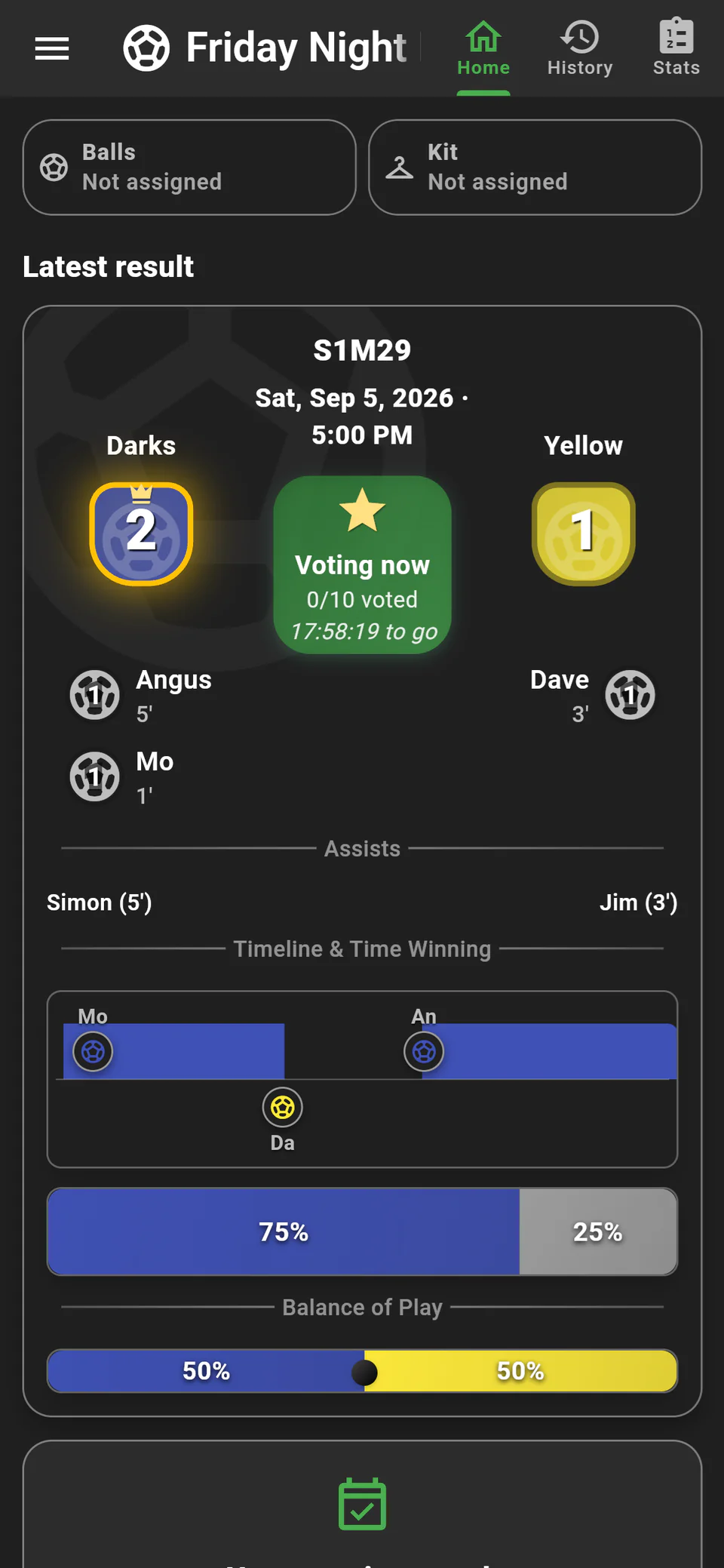 The Our League group home showing a casual group’s latest result, Player of the Match voting and match insights