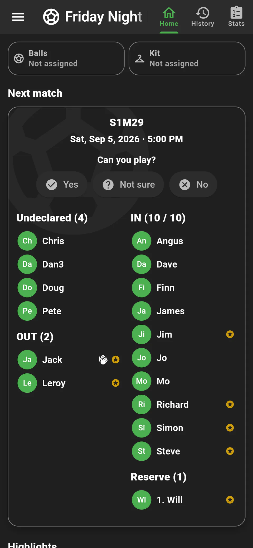 A scheduled match showing players who are in, out, undeclared or on the reserve list
