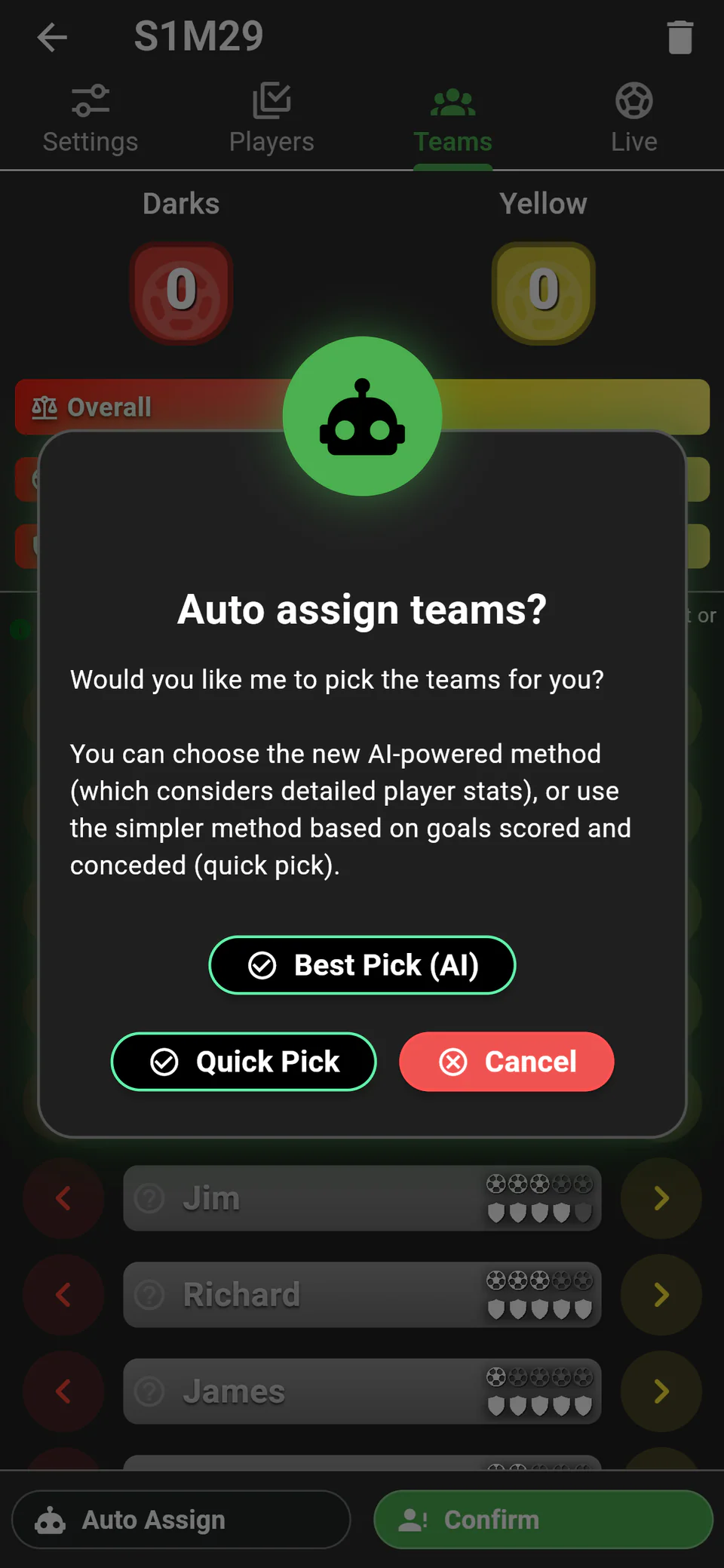 Choosing between AI-powered Best Pick and Quick Pick team selection