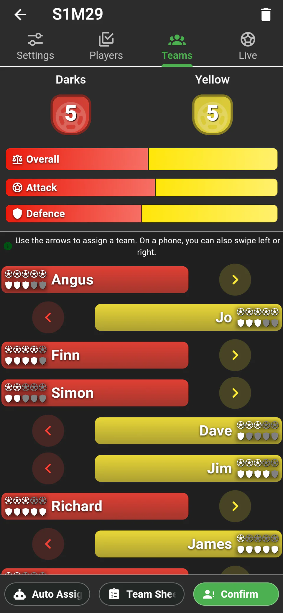 Balanced teams with attack, defence and overall indicators