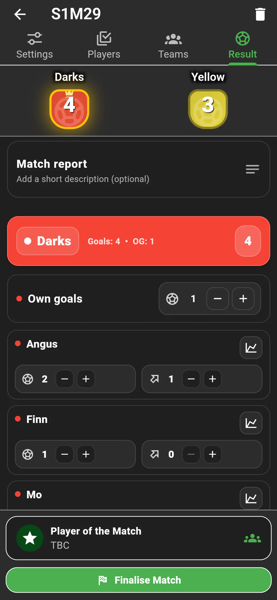 Quick result entry showing the final score, own goals, goals and assists