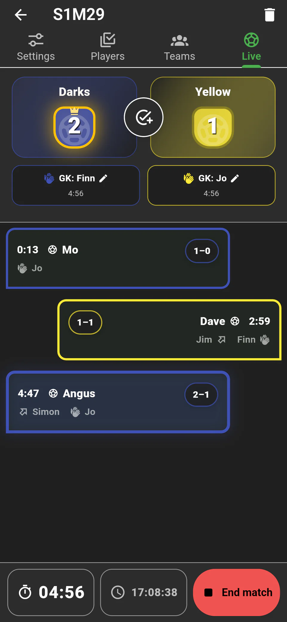 A Live Match showing the score, current goalkeepers, goal timeline and match clock