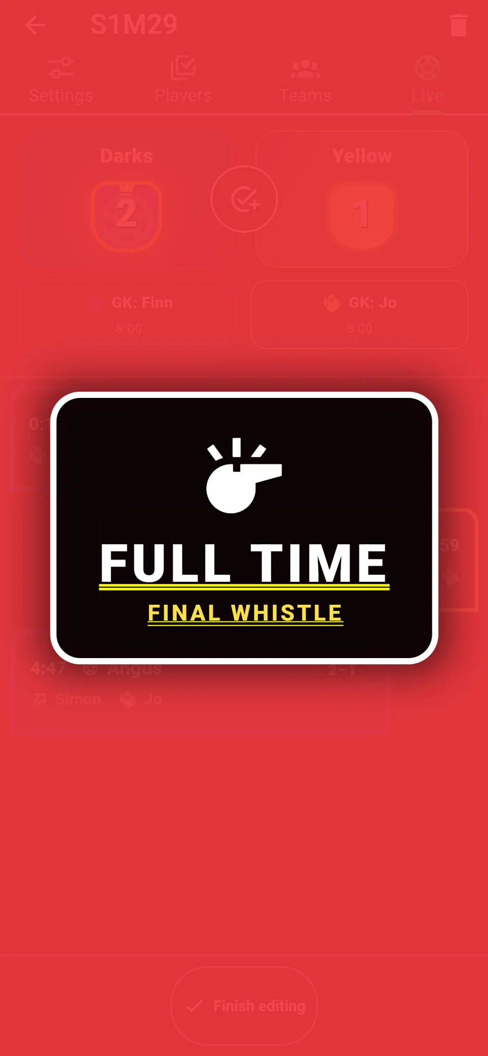 The automatic full-time final whistle displayed over a Live Match