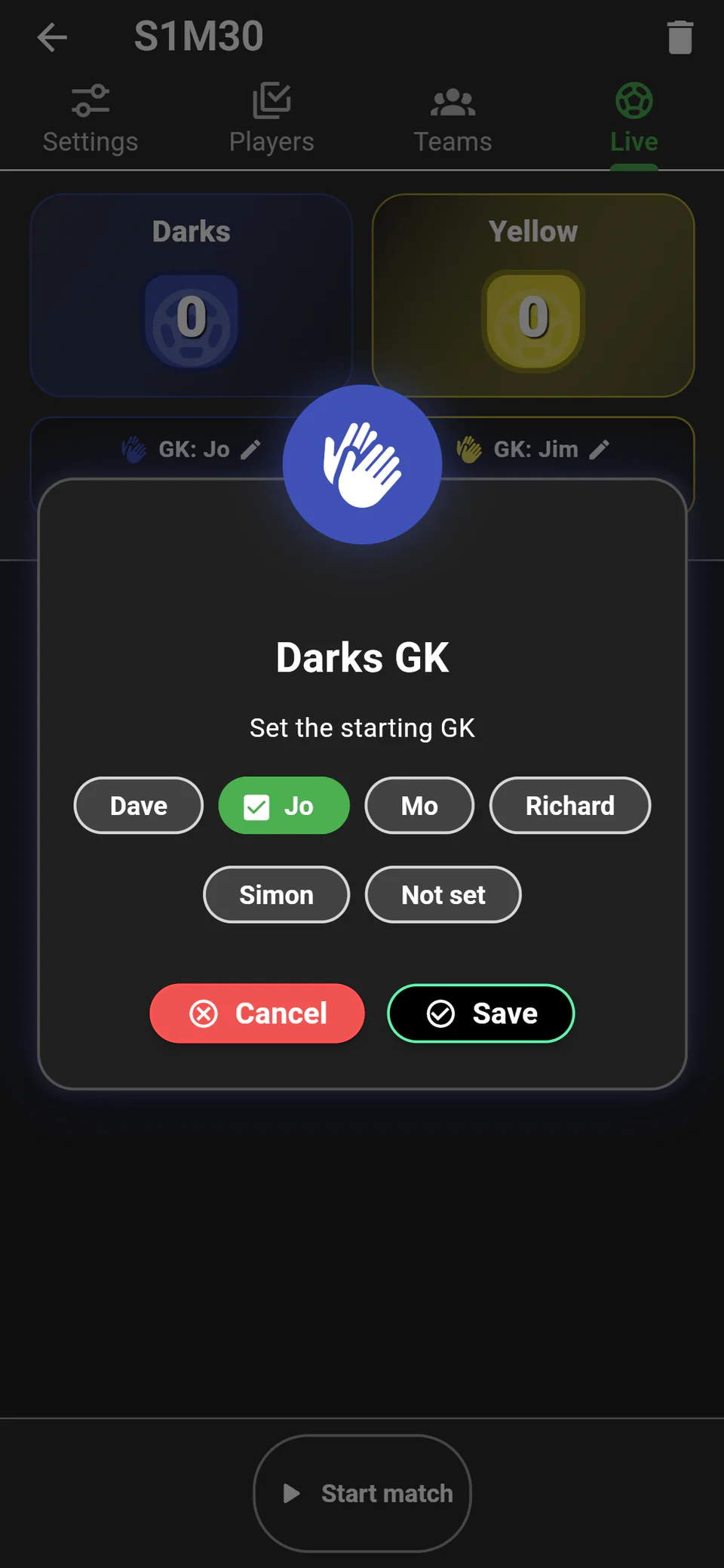 Selecting the starting goalkeeper for a Live Match