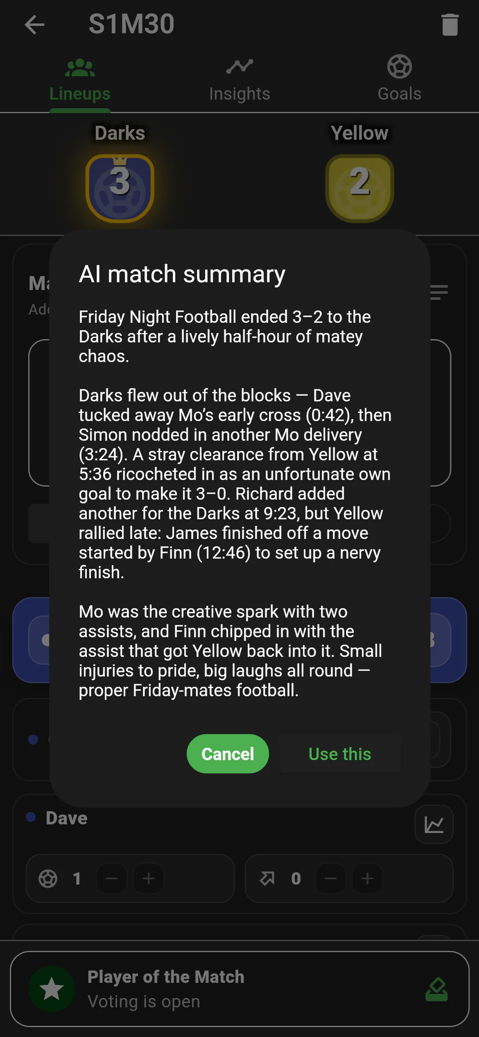 An AI-generated match summary ready to review and use